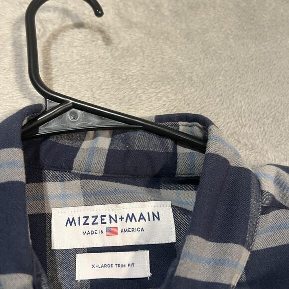 Mizzen Main Shirt Mens XL Trim Fit Blue Gray Plaid Button Down Stretch Made USA - Picture 4 of 9